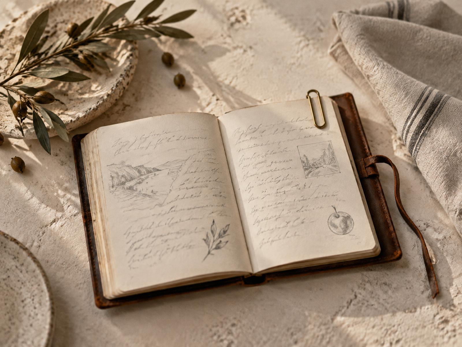A travel planning desk with a notebook and papers