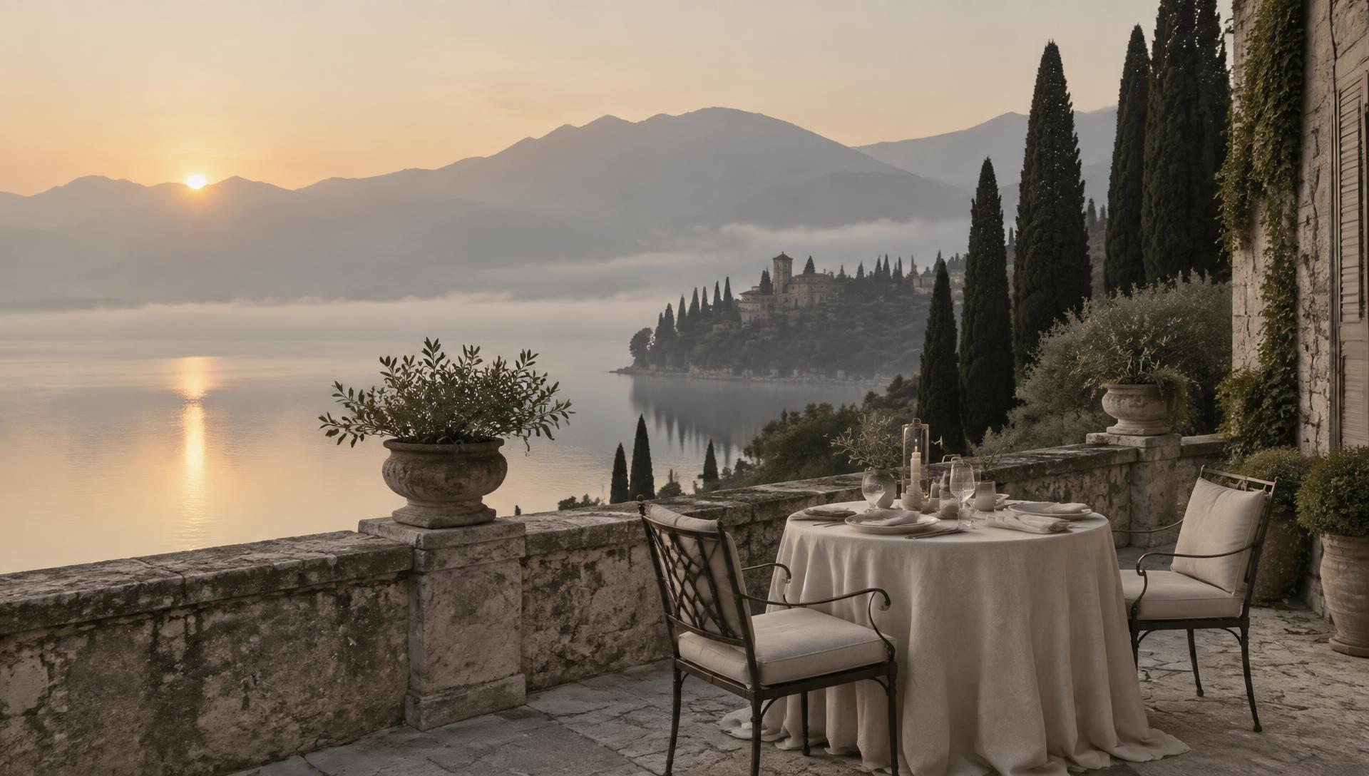 A stone terrace above the sea set for dinner at golden hour