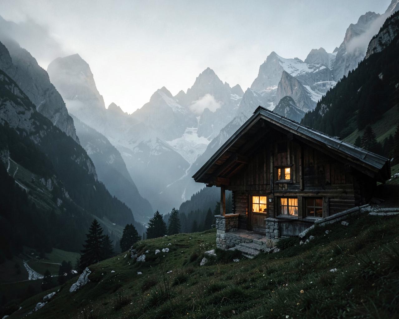 A wooden chalet with warm lamplight beneath misty Dolomites peaks