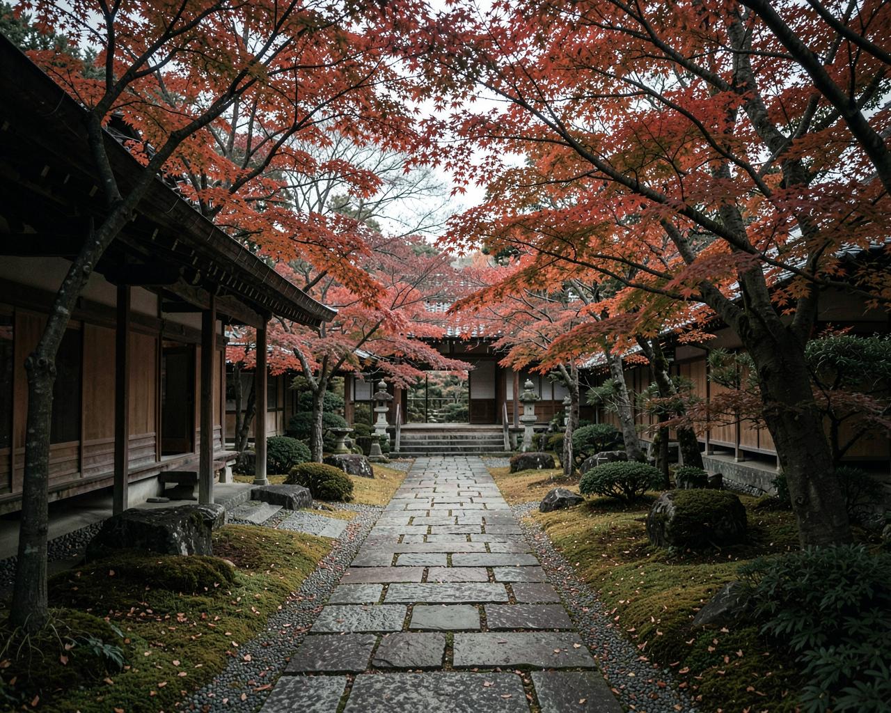 A stone path through a Kyoto temple garden in late autumn maple