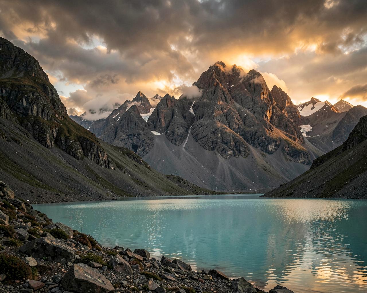 Granite peaks over a still turquoise lake at golden hour in Patagonia