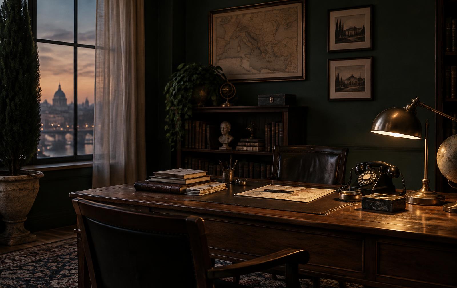 A concierge desk at night with a notebook, telephone and single lamp